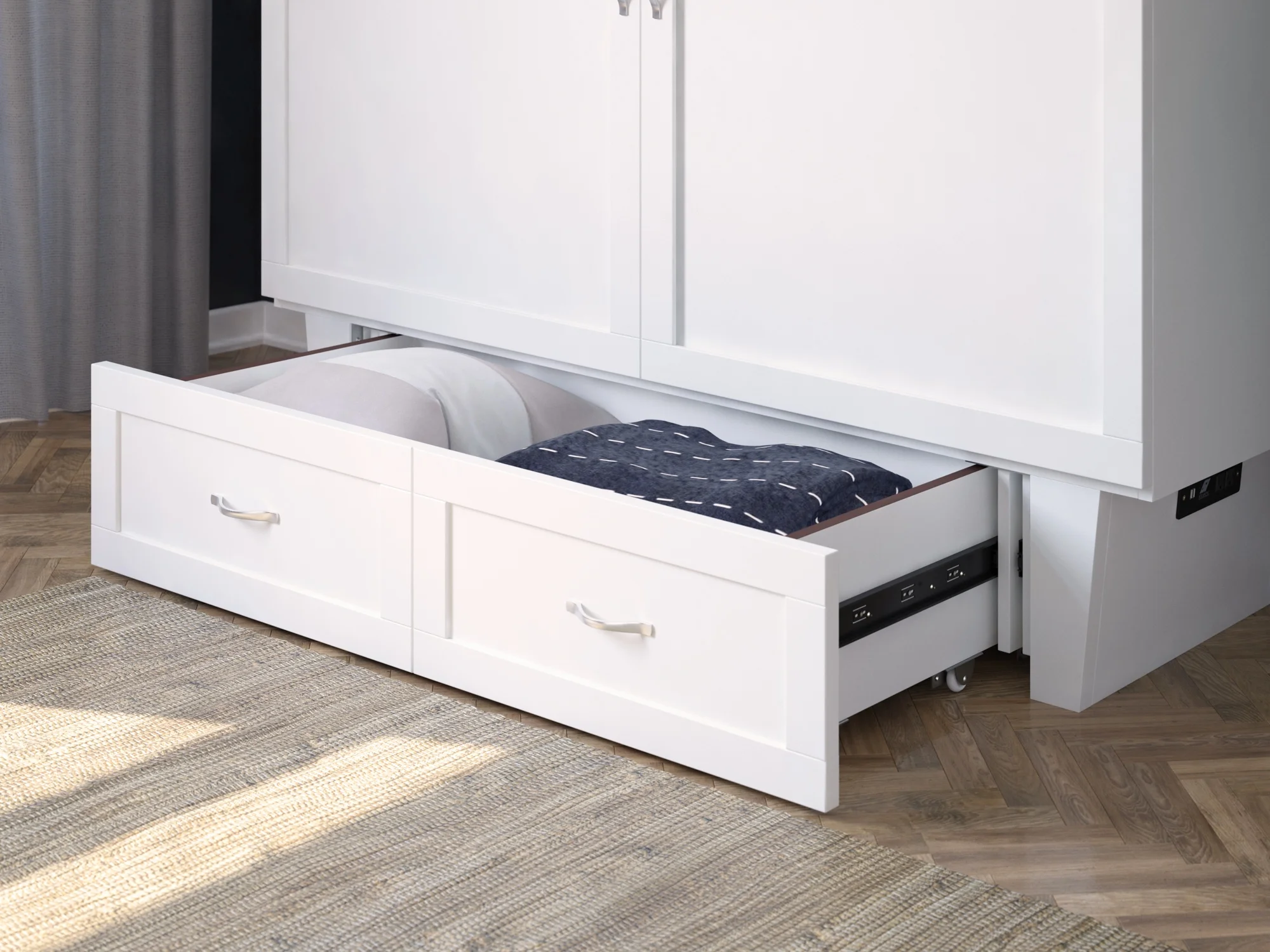 AFI Monroe Queen Solid Wood Murphy Bed Chest with Mattress, Drawer and Charger in White