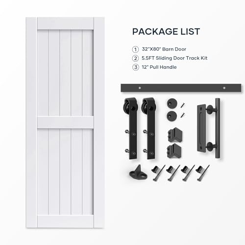 EaseLife 54 x 84 inch White Barn Door with 9FT Sliding Door Hardware Kit Included & Handle,Solid Wood Covered with Waterproof PVC Surface,DIY Assemblely,Easy Install,H-Frame,Fit 50-52in Wide Opening