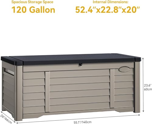 DWVO Large Deck Box 120 Gallon Waterproof Outdoor Storage Box, Extra Large Outdoor Storage Bin, Resin Louvered Patio Storage for Outdoor Pillows, Garden Tools & Pool Supplies, Lockable, Dark Brown