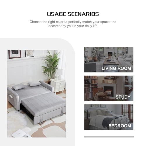 Convertible Sleeper Sofa Bed, 55.51" Modern Velvet 3-in-1 Futon Couch, Pullout Bed with Adjustable Backrest, Storage Pockets and Toss Pillows for Living Room, Bedroom (Black)