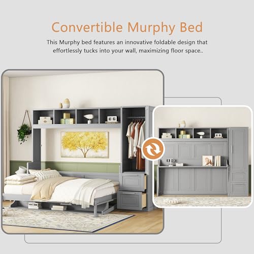 Linique Full Size Murphy Cabinet Storage Wall Bed with Closet and Drawers and Built-in Top Shelf,Hide a Bed on a Wardrobe Space Saving Design,Gray