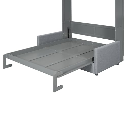 Polibi Full Size Murphy Bed with Loveseat Sofa, Wall Bed with Cushions, Horizontal Foldable Bed Frame, Grey