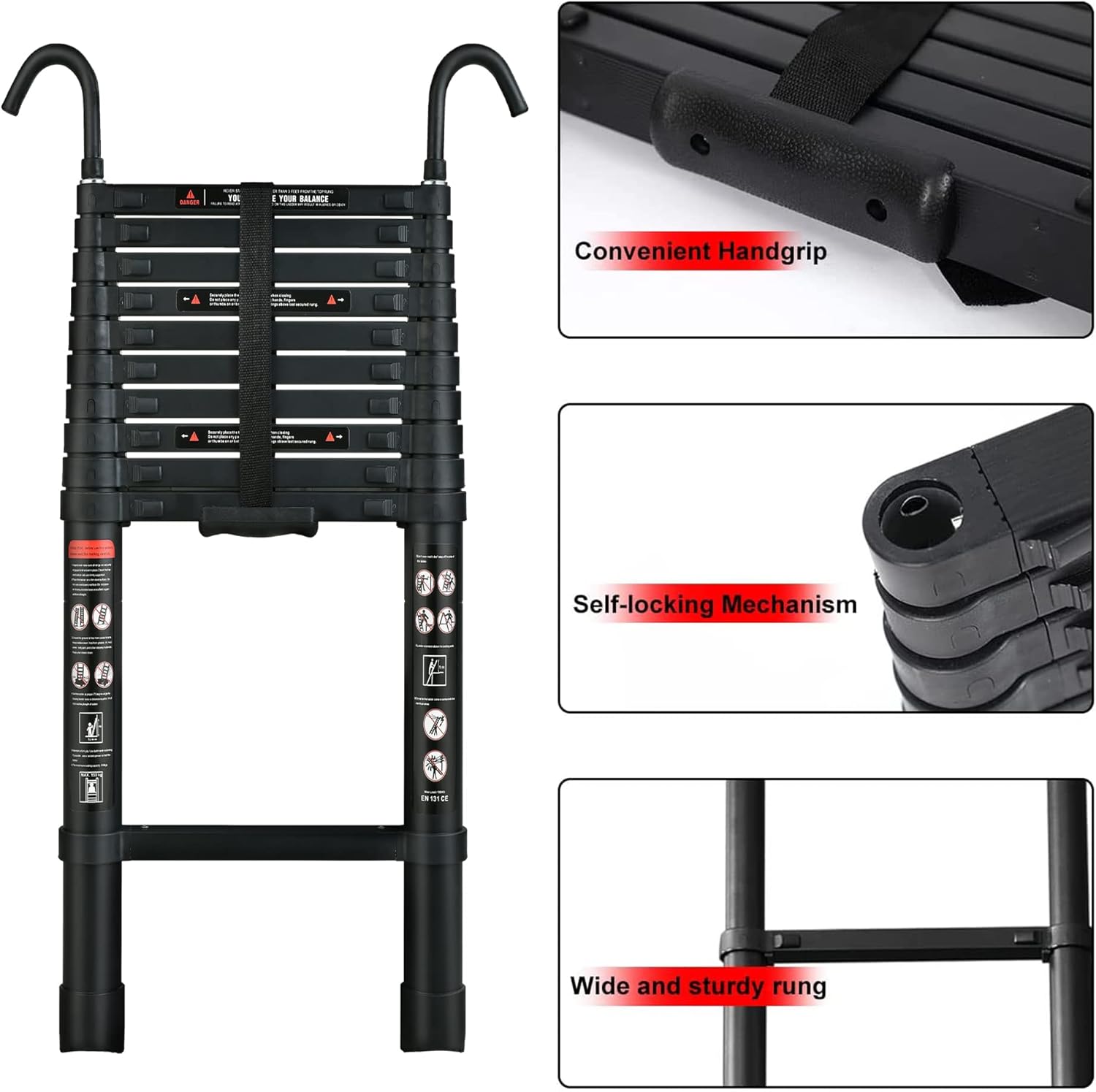 Telescoping Ladder 20FT Compact Extension Ladder with 2 Detachable Roof Hooks Aluminum Lightweight Collapsible Ladder for Home, RV Heavy Duty 330lbs Max Capacity