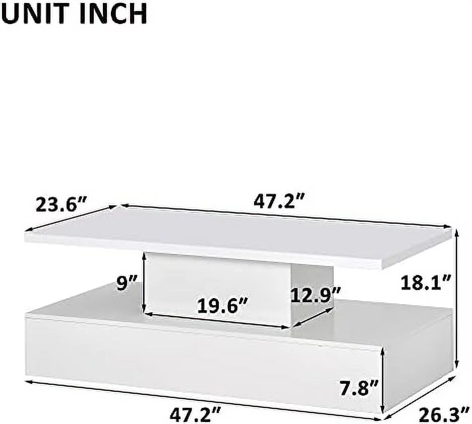 RUNFAYBIU Modern Coffee Table with LED Lights  High Gloss Rectangle Coffee Table with 2 Tiers and 16-Color LED Light  47.2 in Cocktail End Table Modern Side/End/Sofa Table for Living Room