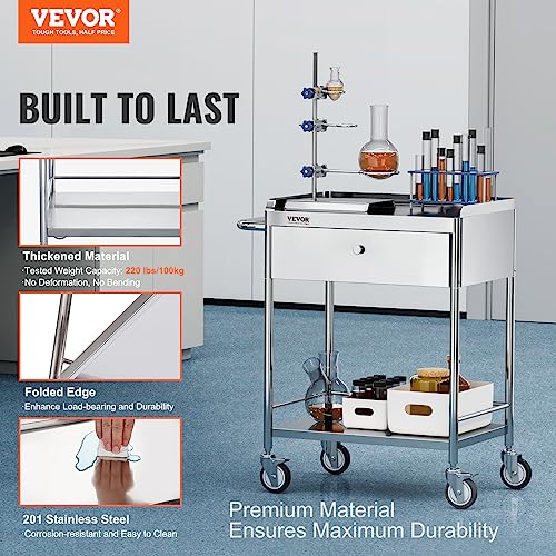 VEVOR Shelf Stainless Steel Utility Cart Catering Cart with Wheels Medical Dental Lab Cart Rolling Cart Commercial Wheel Dolly Restaurant Dinging Utility Services (2 Shelves/ 1 Drawer)