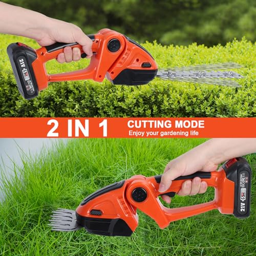 Cordless Hedge Trimmer & Grass Shears, 2 in 1 Electric Shrub Trimmer Handheld Grass Cutter, 21V Lightweight Hedge Clippers with Battery and Charger for Garden and Lawn (Orange)
