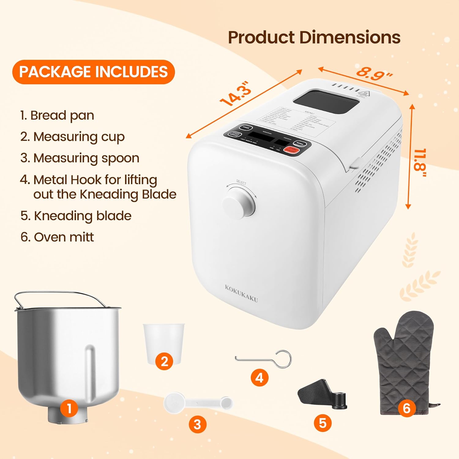 22-In-1 Compact Automatic Bread Maker Machine, 1LB/1.5LB Programmable 2 Loaf Sizes, 3 Crust Colors, Small Digital Home Bakery with Dough, Cake, Jam, Yogurt, Non-stick Pan, White