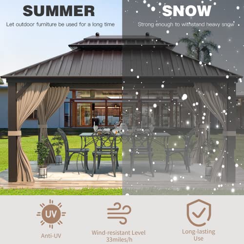 EROMMY 10' x 12' Hardtop Gazebo, Aluminum Frame Gazebos with Galvanized Steel Double Roof, Permanent Outdoor Metal Pavilion with Curtain and Netting for Patio, Lawn, Deck