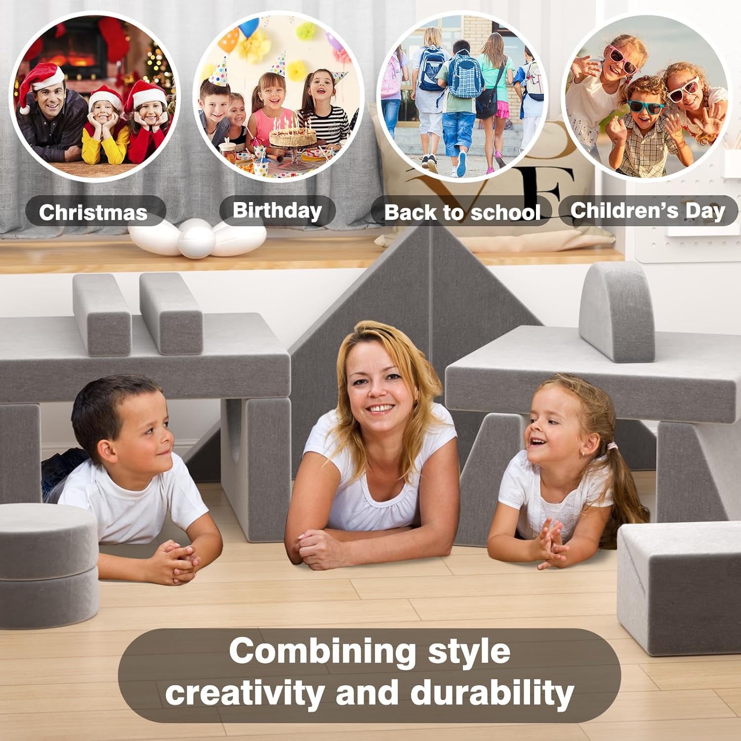 Kids Nugget Couch, 15PCS Certified Modular Nugget Couch Kids Play Couch, Child Sectional DIY Sofa Couch for Playroom Bedroom Living Rooms, Convertible Foam and Floor Cushion for Gift