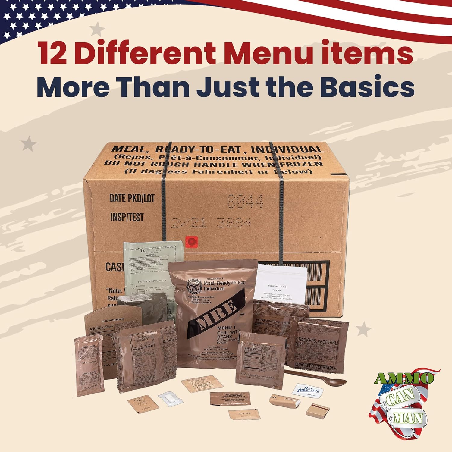 Sopakco 12ct US Military Surplus MRE Meals Ready to Eat 2021 Inspect A Case Menus 1-12