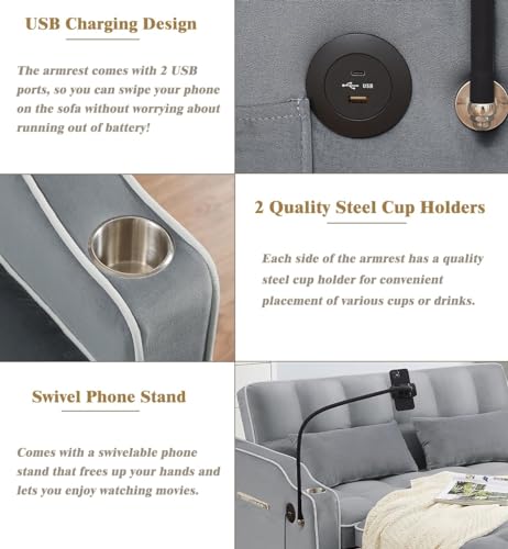 3-in-1 Convertible Sofa Bed - Modern Velvet Sleeper Sofa Chair Bed with Pull Out Bed, Adjustable Backrest, Chaise Lounge with USB Ports, Cup Holder, Side Pocket and Pillows (Black)