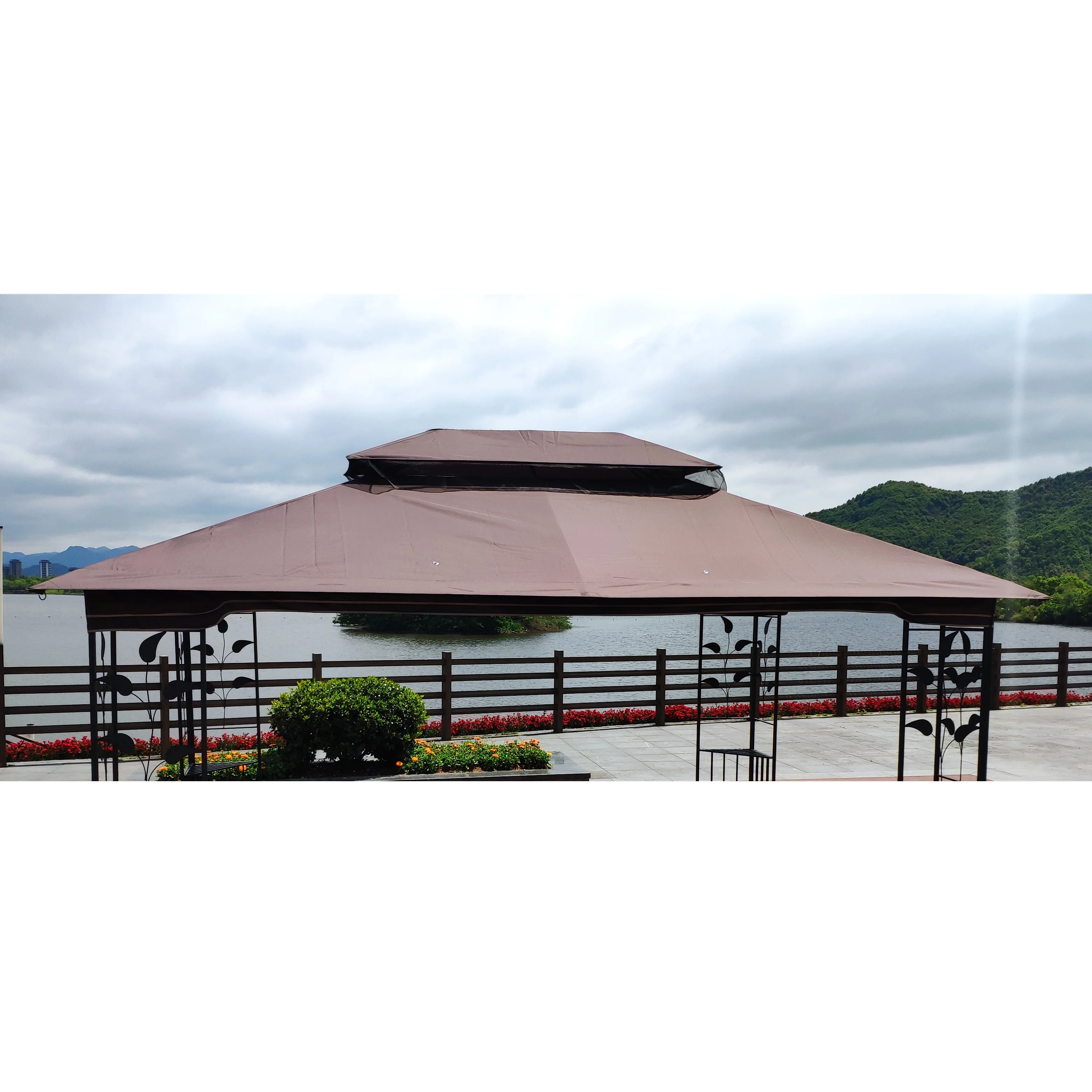BMTBUY 13x10 Ft Patio Double Roof Gazebo Replacement Canopy Top Fabric,Brown