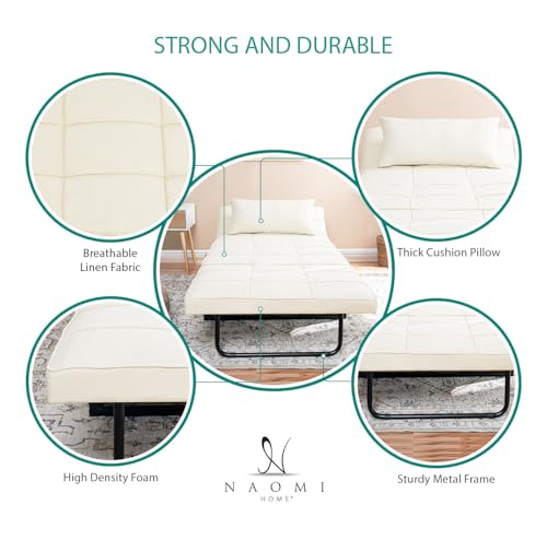 Sleeper Chair Bed, 4 In 1 Multi-Function Convertible Ottoman Bed, Breathable Linen Bed Chair, Convertible Sofa Bed with Adjustable Backrest, Modern Convertible Chair Bed Sleeper for Living Room, White