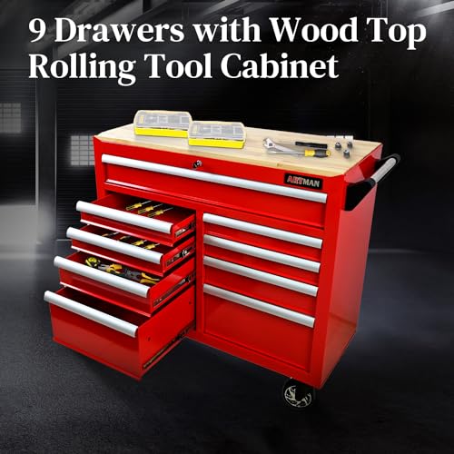Heavy Duty Rolling Tool Chest with 9-Drawer Wood Top Tool Cart Mechanic Tool Box with Wheels Tool Storage Cabinet Mobile Workbench Tool Bench for Garage, Warehouse, Workshop, Repair Shop (Black)