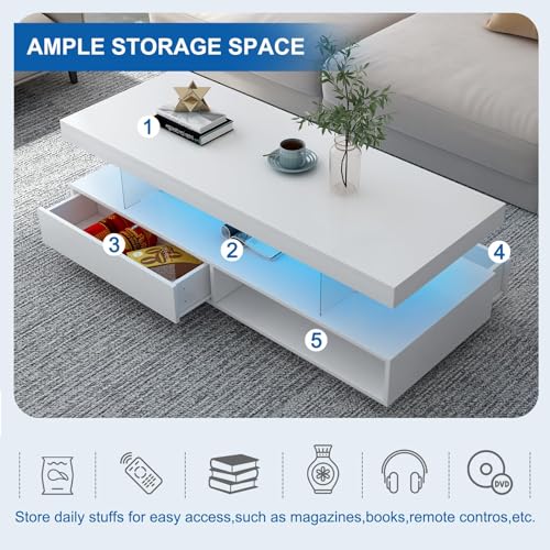 LED Coffee Table with Storage, LED Coffee Tables for Living Room, High Gloss Coffee Table with LED Lights, Modern Center Table with Open Display Shelf & 2 Sliding Drawers (Black)