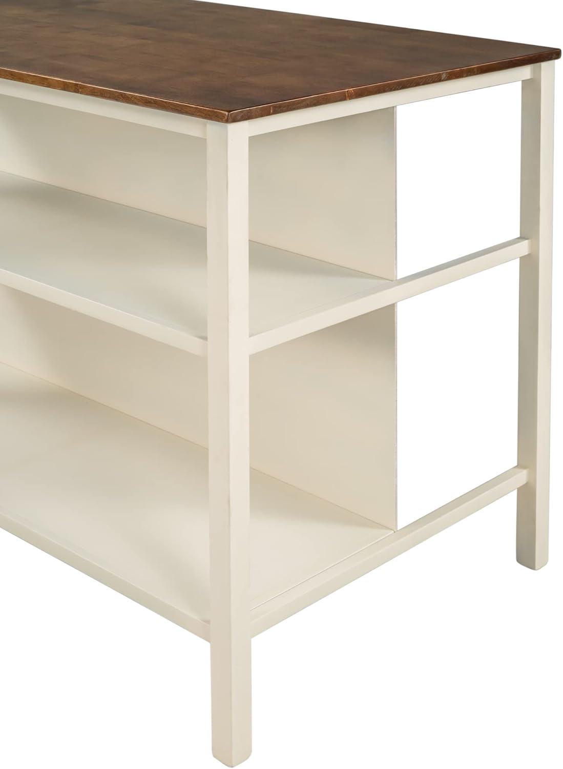 Voohek Kitchen Island Set with 2 Stools Seating, Solid Wood Rubber Butcher Block Dining Prep Table Open Shelves for Small Places, Rustic Stationary