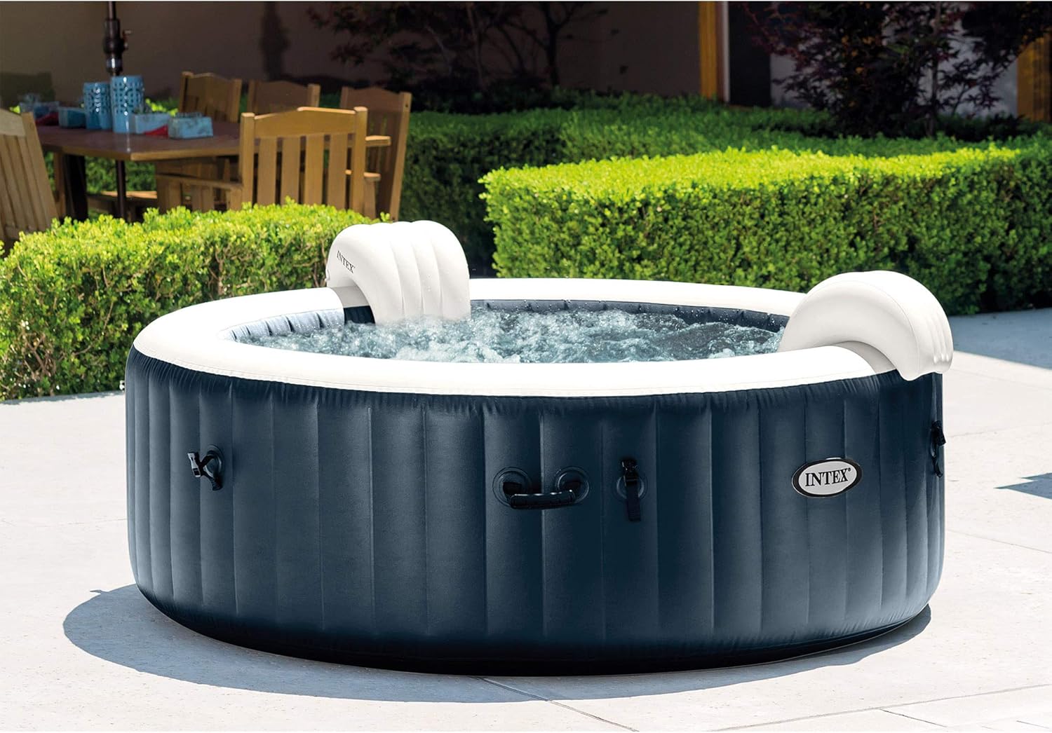 Intex 28431E PureSpa Plus 85in x 25in Outdoor Portable Inflatable 6 Person Round Hot Tub Spa with 170 Bubble Jets, Cover, Built in Heater Pump, and 2 Non-Slip Seats, Navy