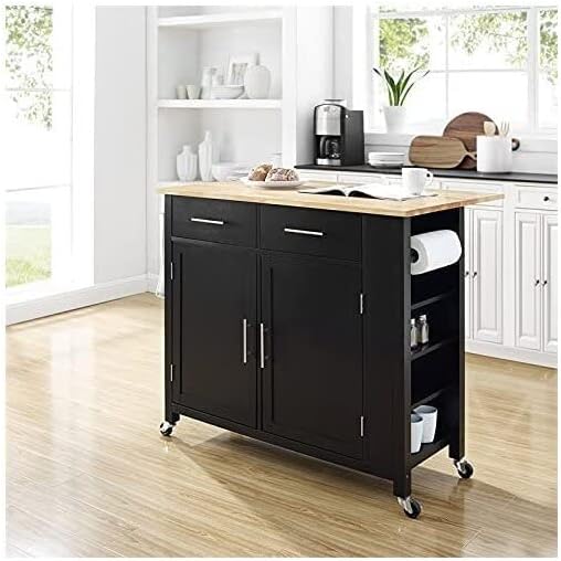 Country Cottage Wood Top Drop Leaf Kitchen Island,Spacious Countertop,Portable Design,Modern Kitchen Furniture,Convenient,/Cart Black