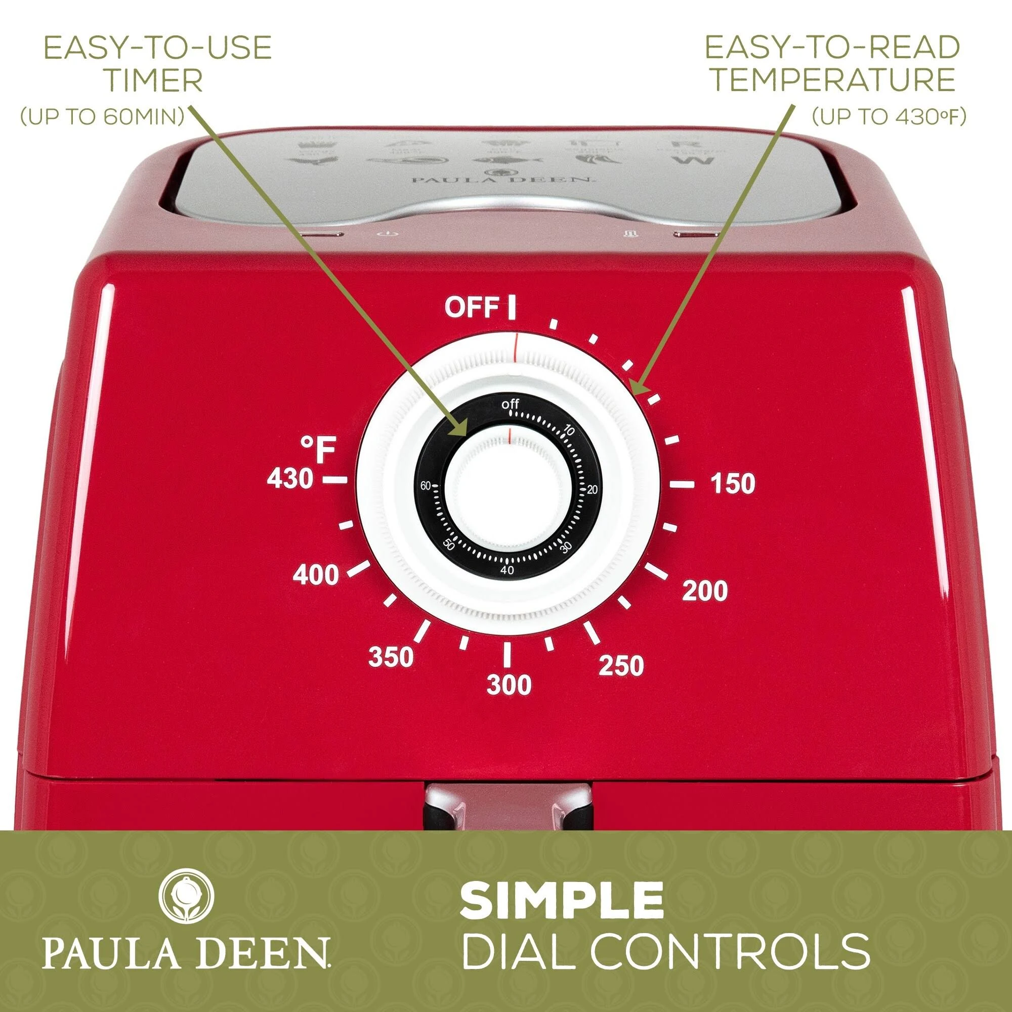 Paula Deen 8.5qt (1700 watt) Large Air Fryer, Rapid Air Circulation System, Square Single Basket System - Red