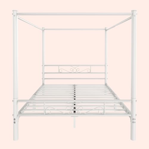 Queen Size Metal Canopy Bed Frame, Four-Poster Canopied Platform Bed Frame with Headboard and Footboard, Sturdy Metal Slatted Structure, No Box Spring Needed, Easy Assembly, White