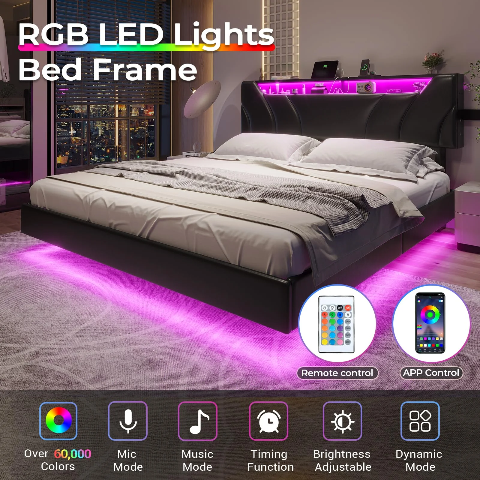 Queen Size Floating Bed Frame with Outlets, LED Upholstered Platform Bed with Storage Headboard, No Box Spring Needed, Black
