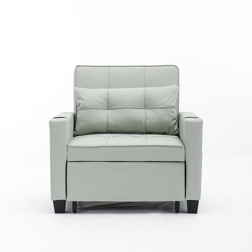 Sleeper Sofa Bed 3-in-1 Convertible Pull Out Couch Wear-resistant Armchair Single Recliner with USB Ports Cup Holders Living Room Furniture for Reading Resting Sleeping Gaming (Blue Tech Cloth)