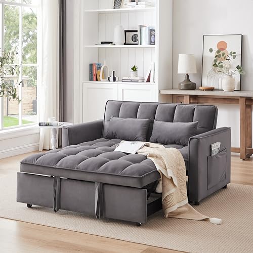 LUMISOL 3 in 1 Sleeper Sofa Couch Bed with Pillows, 55.1” Velvet Convertible Double Sofa Bed with Adjustable Back and Storage Packets, Pull Out 2-Seater Sleeper for Living Room, Blue