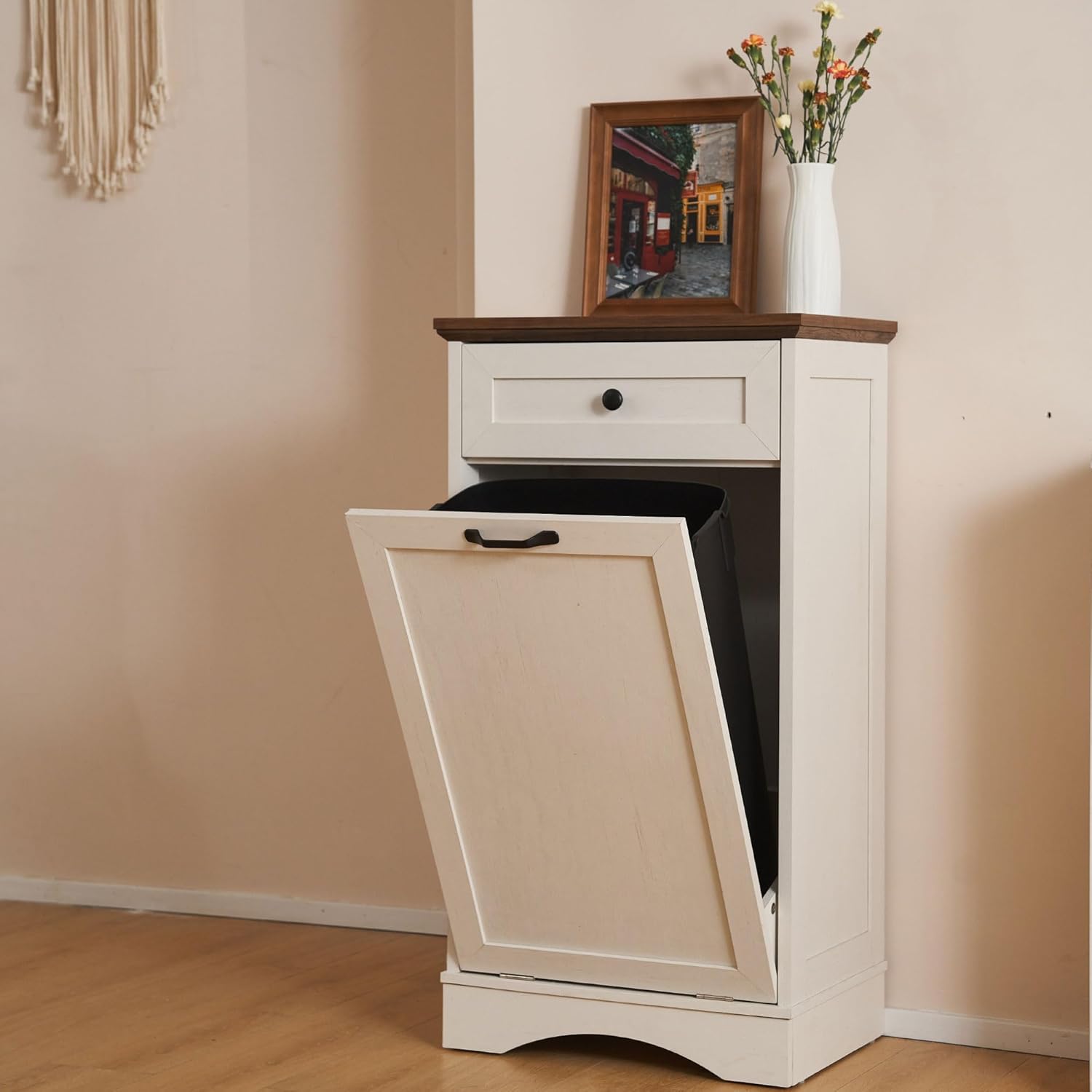 13 Gallon Tilt Out Trash Cabinet with Drawer Wood Hidden Kitchen Recycling Cabinet Free Standing Pet Proof Trash Can Laundry Cabinet for Kitchen, Antique White