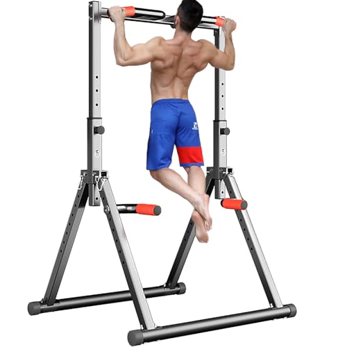 Foldable Power Tower Dip Station Pull Up Bar Station Adjustable Multifunction Fitness Tower Station Training Equipment Home Outdoor, Stable Triangular Structure