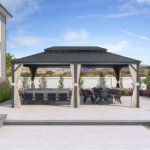 PURPLE LEAF 10' X 14' Permanent Hardtop Gazebo Aluminum Gazebo with Galvanized Steel Double Roof for Patio Lawn and Garden, Curtains and Netting Included, Grey