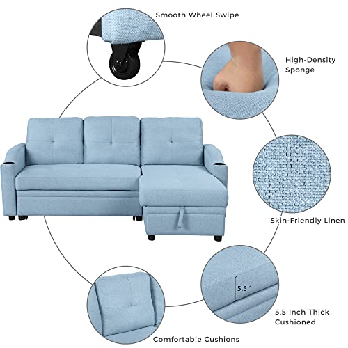 80.3" Pull Out Sofa Bed Modern Padded Upholstered Sofa Bed, Linen Fabric 3 Seater Couch with Storage Chaise and Cup Holder, Small Couch for Small Spaces Primary Living Room Sectionals