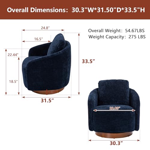 30.3" W Swivel Barrel Chair, Modern Swivel Accent Chairs for Living Room, Chenille 360 Degree Club Chair, Reading Side Chairs for Bedroom Comfy Round Barrel Armchair with Wood Base, Ivory