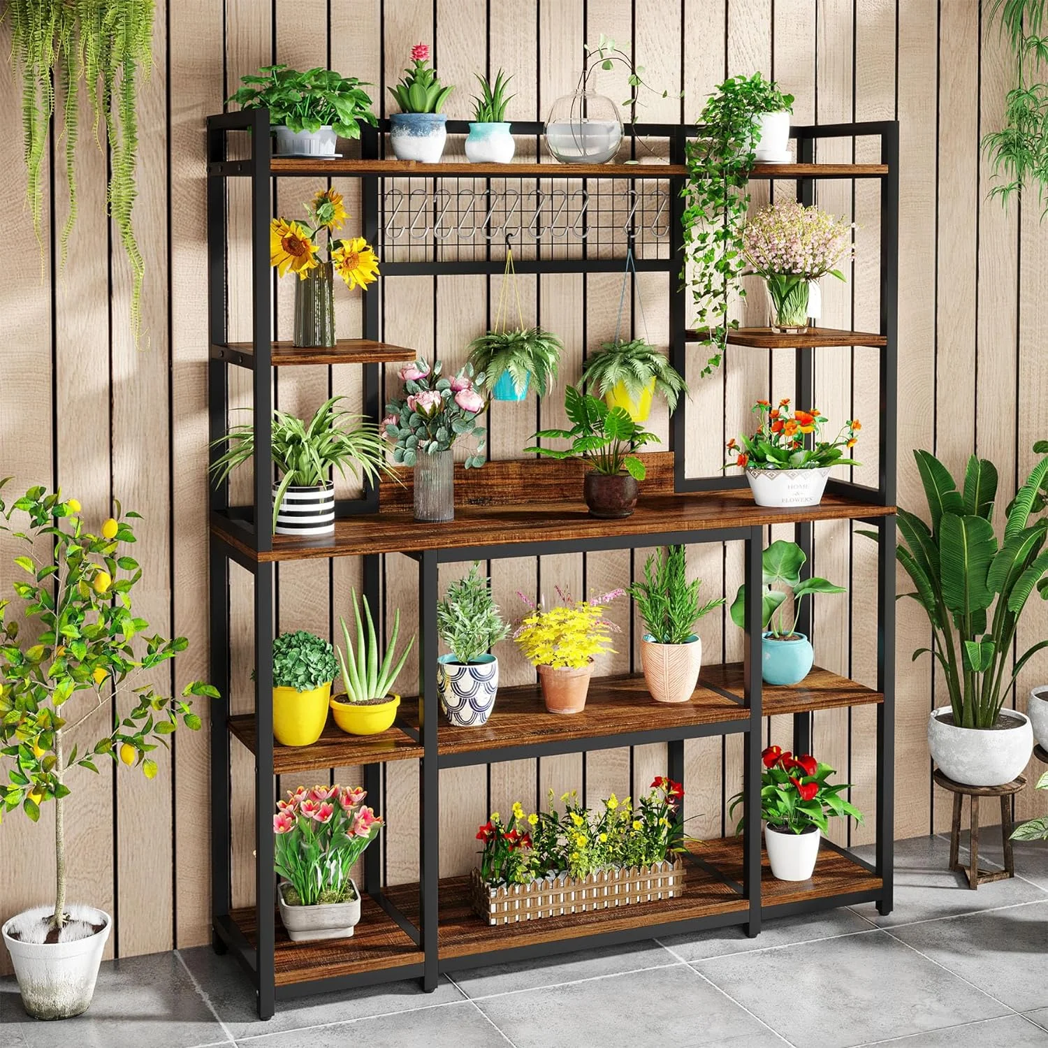 Tribesigns Large Bakers Rack, 55" Wide Kitchen Hutch Cabinet Microwave Stand with 11 Hooks, 5-Tier Baker's Rack Kitchen Storage Shelf Rack with Hutch, Rustic Brown
