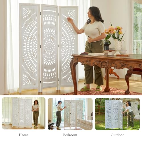 Room Divider Wood Carved Wall Divider Indoor Folding Bohemian Style Portable Partition Screen for Home Office Garden Terrace - 6 Panels (Antique, White-Washed)
