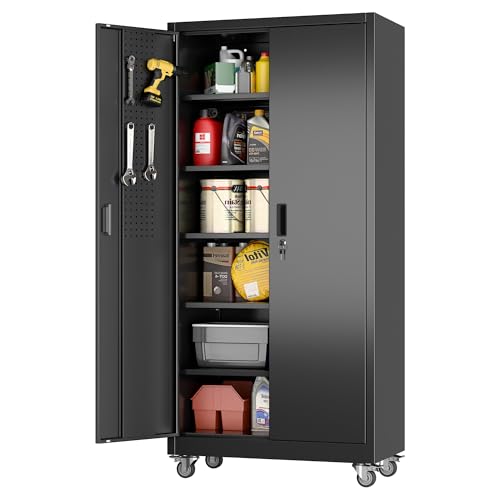 Aobabo Garage Storage Cabinet with Wheels,72" H Metal Storage Cabinet with 2 Doors and 4 Adjustable Shelves for Garage Home, Black,Required-Assembly