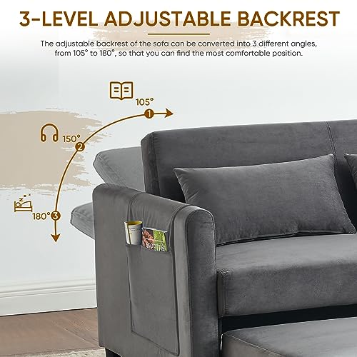 3 in 1 Convertible Sleeper Sofa Bed, Modern Velvet Loveseat Futon Couch Pullout Bed with Side Storage Pockets & Pillows, Small Love Seat Lounge Sofa Bed for Living Room, Small Space (Blue)