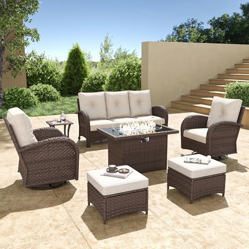 5 Pieces Wicker Patio Furniture Set, Luxury Outdoor Conversation Set with High Back Swivel Rocker Chairs