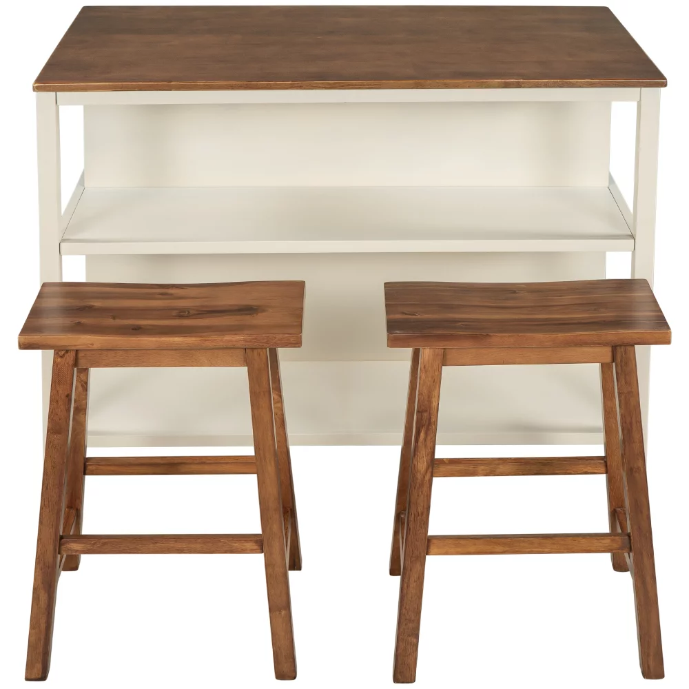 Rustic Stationary Kitchen Island Set with 2 Stools, Solid Wood Rubber Butcher Block Dining Prep Table Open Shelves for Small Places, Walnut+Cream White