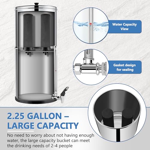 Gravity-fed Water Filter System 2.25 Gallon by Fetechmate, 304 Stainless Steel Ultra-Filtration Gravity Water Filter System Bundle with Water Filter, Metal Water View Spigot and Countertop Stand