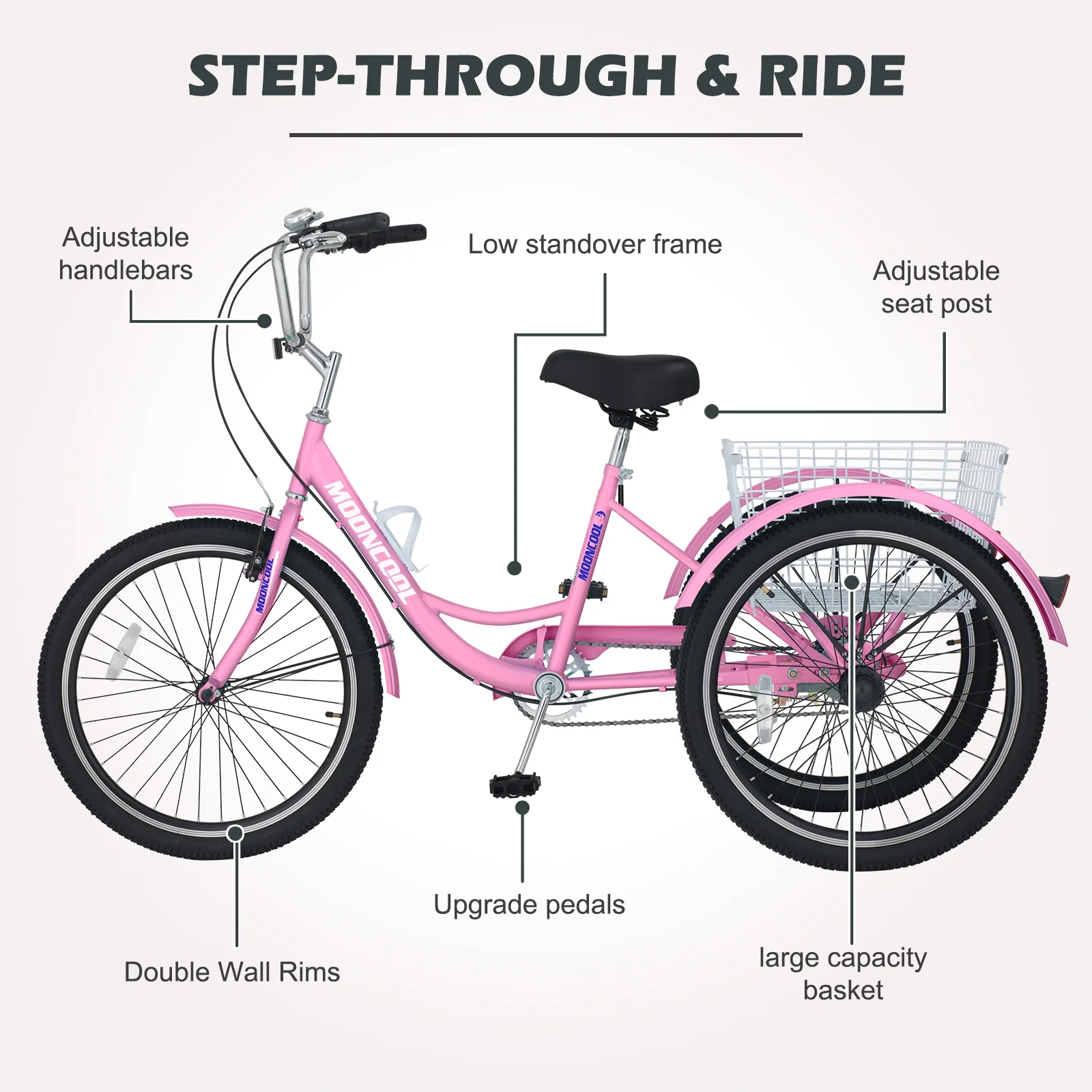 Adult Tricycles Single Speed, Adult Trikes 24 inch 3 Wheel Bikes, Three-Wheeled Bicycles Cruise Trike with Shopping Basket for Seniors, Women, Men