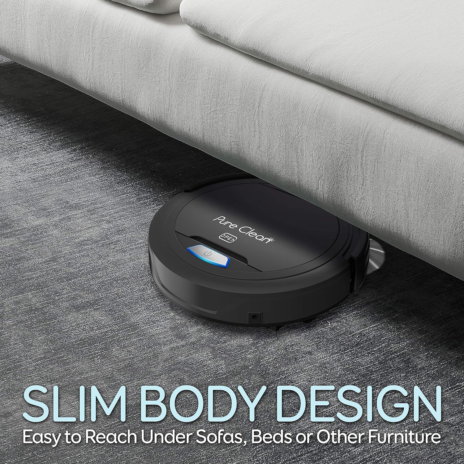 Pure Clean Robot Vacuum Cleaner - Upgraded Lithium Battery 90 Min Run Time - Automatic Bot Self Detects Stairs Pet Hair Allergies Friendly Robotic Home Cleaning for Carpet Hardwood Floor