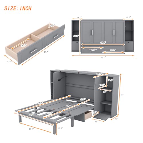 Modern Full Size Murphy Bed with Bookcase on Each Side, Solid Wood Mobile Murphy Chest Platform Bed with Drawers and USB Ports for Guest Room Home Office (White-F0)