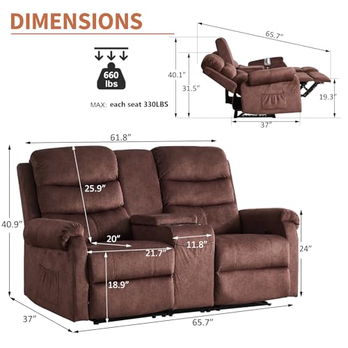 65" Loveseat Recliner RV Sofa, Reclining Loveseat with Console, Manual Theater Seating with Cup Holders, Double Recliner Loveseat Wall Hugger Recliners for living room, RV, Home Theater…