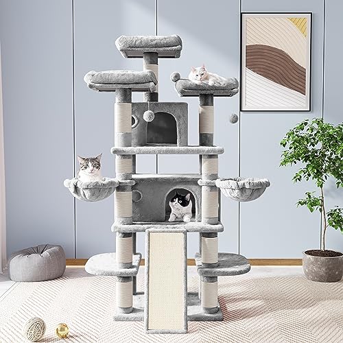 Allewie 68 Inches Cat Tree/House and Towers for Big Feline/Scratching Post/Multi-Level Large Kitty Climbing Tree with Condo/Smokey Grey