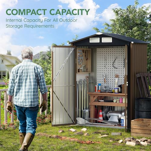 10X12X7.5 FT Outdoor Steel Storage Shed with Lockable Doors, 2 Windows, Transparent Roof Panels (Wood Panels & Frame Floor Not Included), Ideal for Patio Storage,Garbage Can, Chicken Coop，Brown