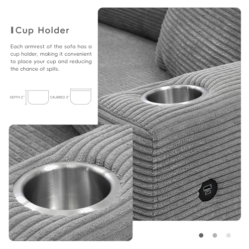 Oversized Corduroy Sectional Sofa, L Shaped Cloud Couch with USB Charging Port,Cup Holder,Deep Seat Sofa Bed with 50" Chaise, Comfy Indoor Furniture for Living Room Apartment (Beige)