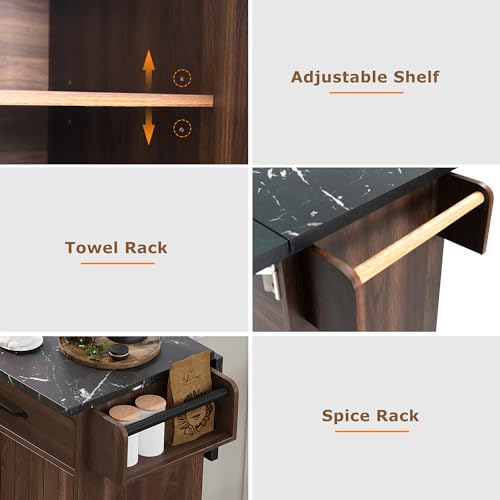 Kitchen Island With Large Drop Leaf, Rolling Kitchen Island On Wheels With Adjustable Shelf, Wood Kitchen Cart With Trash Can Storage Cabinet, Spice Rack, Towel Rack And Two Drawers (Walnut Brown-03)
