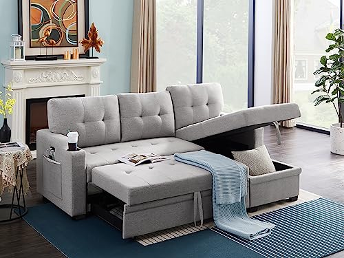 LSOFA 83 Inch Convertible L Shaped Sleeper Sectional Sofa Linen with Storage Chaise, Pull Out Bed, Cup Holder, USB Charging Port, Side Pocket, Reversible Corner Couch Design, 83, Light Grey4