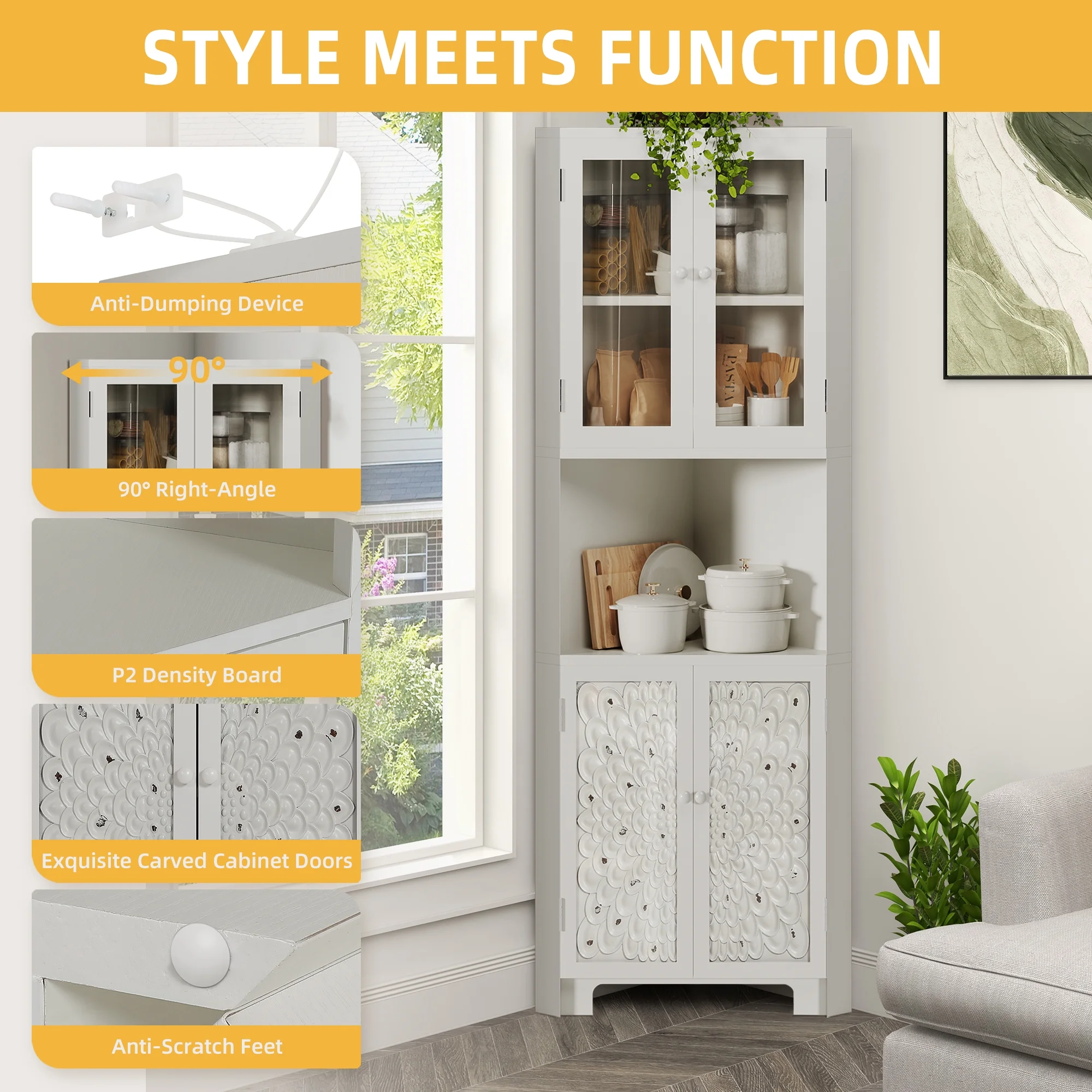 DWVO 67" Tall Corner Stoarge Cabinet With 4 Doors ,Corner Kitchen Cabinet,Buffet Cabinet for Living Room, Bathroom, Kitchen, White