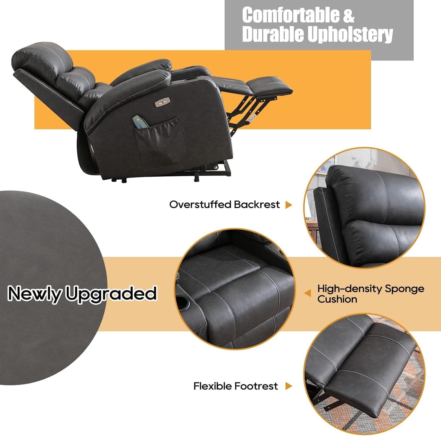 Power Lift Recliner Chair with Heat and Massage for Elderly, Electric Recliner Chairs with Standing Assistance, 2 Cup Holders, 2 Side Pockets, USB Charge Port, Breathable Leather